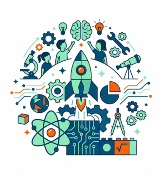 Ilustración con íconos STEM como engranajes, microscopio, computadora y símbolos matemáticos, representando el concepto de STEM en primaria.