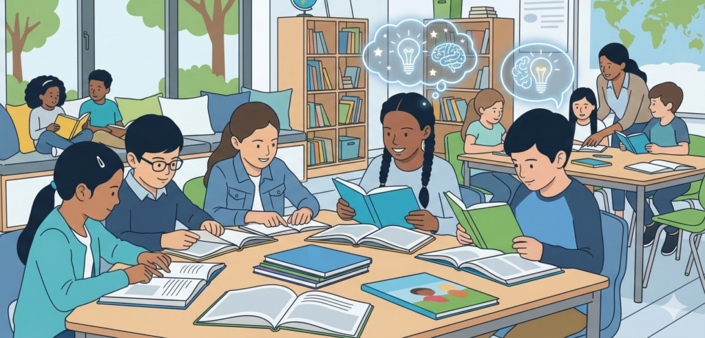 Niños sonrientes de diferentes orígenes descubriendo la alegría de leer en una biblioteca escolar acogedora. Burbujas de pensamiento con luces brillantes sobre sus cabezas muestran que están "encendiendo" su imaginación y comprensión