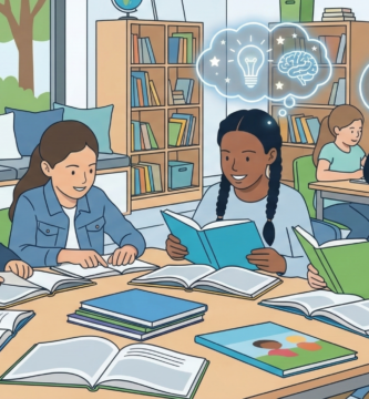 Niños sonrientes de diferentes orígenes descubriendo la alegría de leer en una biblioteca escolar acogedora. Burbujas de pensamiento con luces brillantes sobre sus cabezas muestran que están "encendiendo" su imaginación y comprensión