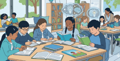 Niños sonrientes de diferentes orígenes descubriendo la alegría de leer en una biblioteca escolar acogedora. Burbujas de pensamiento con luces brillantes sobre sus cabezas muestran que están "encendiendo" su imaginación y comprensión