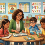 Ilustración detallada de una maestra sonriente de segundo grado y tres estudiantes diversos leyendo libros coloridos como \"Cuentos del Mar\" en una mesa redonda. El aula acogedora de fondo tiene estanterías llenas de libros, una alfombra de lectura y carteles educativos legibles en la pared