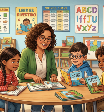Ilustración detallada de una maestra sonriente de segundo grado y tres estudiantes diversos leyendo libros coloridos como \"Cuentos del Mar\" en una mesa redonda. El aula acogedora de fondo tiene estanterías llenas de libros, una alfombra de lectura y carteles educativos legibles en la pared