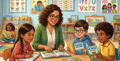 Detailed illustration of a smiling second grade teacher and three diverse students reading colorful books such as "Tales from the Sea" at a round table. The cozy classroom in the background has bookshelves filled with books, a reading rug and readable educational posters on the wall.