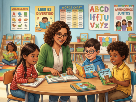 Ilustración detallada de una maestra sonriente de segundo grado y tres estudiantes diversos leyendo libros coloridos como \"Cuentos del Mar\" en una mesa redonda. El aula acogedora de fondo tiene estanterías llenas de libros, una alfombra de lectura y carteles educativos legibles en la pared