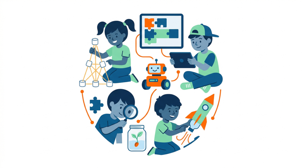 Ilustración de actividades STEM para estudiantes, mostrando experimentos, tecnología y aprendizaje práctico en el aula
