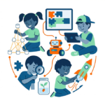 Illustration of STEM activities for students, showing experiments, technology, and hands-on learning in the classroom