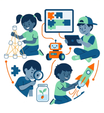 Ilustración de actividades STEM para estudiantes, mostrando experimentos, tecnología y aprendizaje práctico en el aula