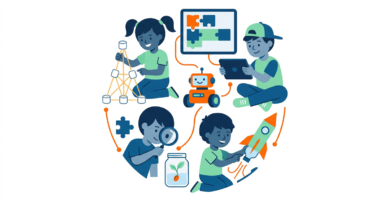 Illustration of STEM activities for students, showing experiments, technology, and hands-on learning in the classroom