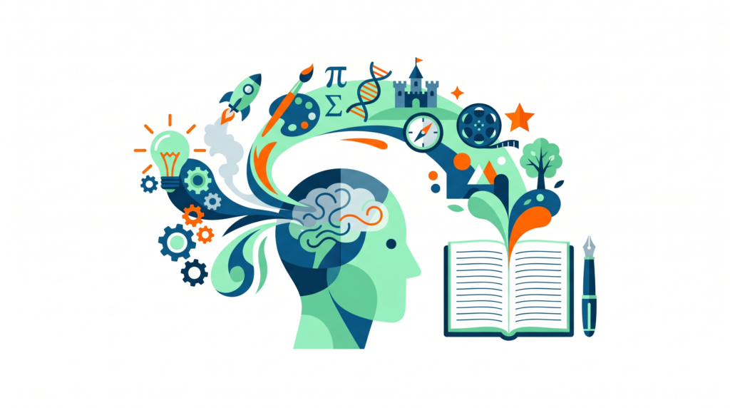 Ilustración de una cabeza con elementos creativos como engranajes, símbolos y un libro abierto que representan ideas para actividades de escritura creativa.