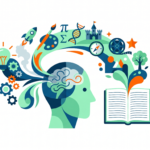 Ilustración de una cabeza con elementos creativos como engranajes, símbolos y un libro abierto que representan ideas para actividades de escritura creativa.