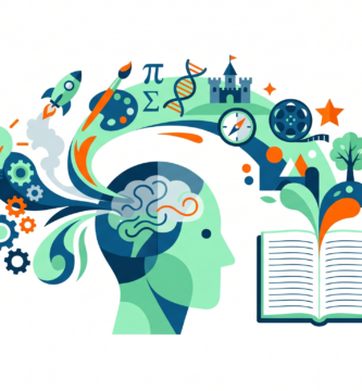 Ilustración de una cabeza con elementos creativos como engranajes, símbolos y un libro abierto que representan ideas para actividades de escritura creativa.
