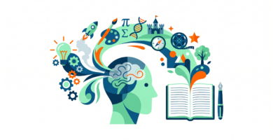 Illustration of a head with creative elements such as gears, symbols, and an open book, representing ideas for creative writing activities.