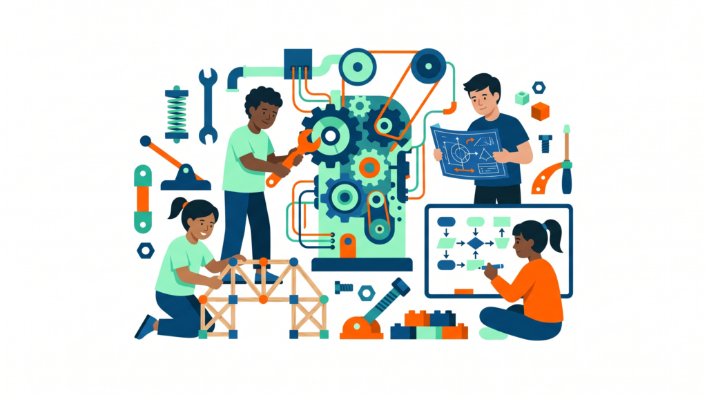 Ilustración de estudiantes realizando actividades de tecnología sin usar computadoras