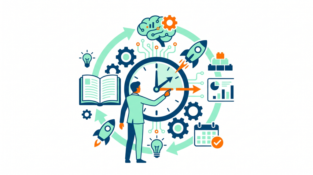 Illustration of a clock surrounded by educational icons representing organization and time management in lesson planning.