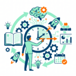 Illustration of a clock surrounded by educational icons representing organization and time management in lesson planning.