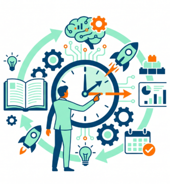 Illustration of a clock surrounded by educational icons representing organization and time management in lesson planning.