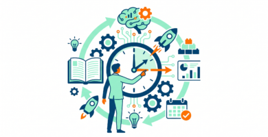 Illustration of a clock surrounded by educational icons representing organization and time management in lesson planning.