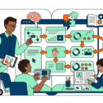 Ilustración de un aula inclusiva con estudiantes y docente interactuando con materiales educativos y tecnología, incluyendo una estudiante en silla de ruedas