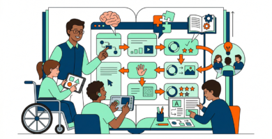 Illustration of an inclusive classroom with students and a teacher interacting with educational materials and technology, including a student in a wheelchair