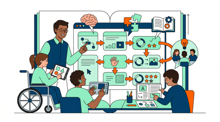 Ilustración de un aula inclusiva con estudiantes y docente interactuando con materiales educativos y tecnología, incluyendo una estudiante en silla de ruedas