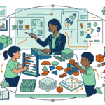 Ilustración de un aula con estudiantes trabajando en diferentes centros de aprendizaje, colaborando y explorando materiales educativos.