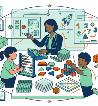 Illustration of a classroom with students working at different learning centers, collaborating, and exploring educational materials.