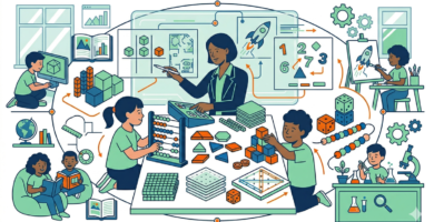 Illustration of a classroom with students working at different learning centers, collaborating, and exploring educational materials.