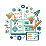 Illustration on how to create engaging worksheets with educational elements like books, charts, and digital tools