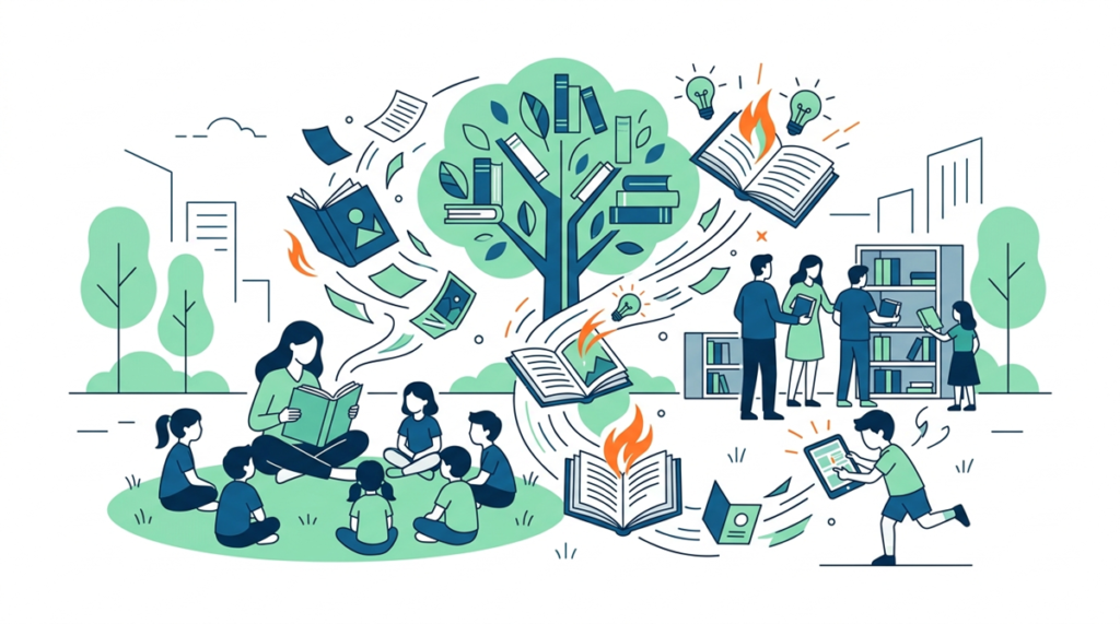 Ilustración del Día del Libro con elementos literarios como libros abiertos, flores y colores vibrantes que celebran la lectura