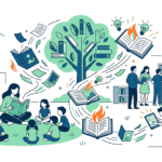 Ilustración del Día del Libro con elementos literarios como libros abiertos, flores y colores vibrantes que celebran la lectura