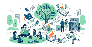 Ilustración del Día del Libro con elementos literarios como libros abiertos, flores y colores vibrantes que celebran la lectura