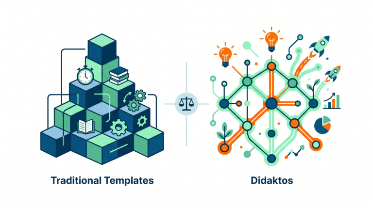 Comparative chart showing traditional templates as rigid blocks versus the Didaktos model as a flexible, interconnected network for creating educational resources