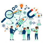 Estudiantes realizando experimentos de física en el aula, observando principios de movimiento, energía y fuerza.