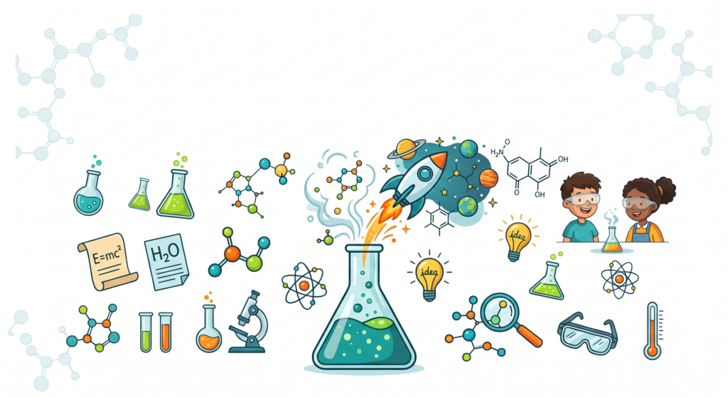 Ilustración educativa de experimentos de química para secundaria con estudiantes y material de laboratorio, incluyendo matraces, tubos de ensayo y moléculas, representando el aprendizaje científico de forma divertida y accesible