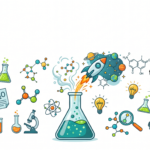 Ilustración educativa de experimentos de química para secundaria con estudiantes y material de laboratorio, incluyendo matraces, tubos de ensayo y moléculas, representando el aprendizaje científico de forma divertida y accesible