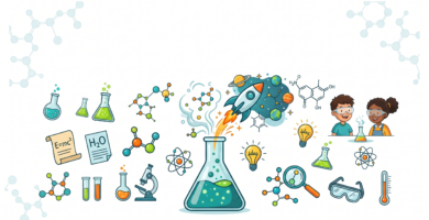 Ilustración educativa de experimentos de química para secundaria con estudiantes y material de laboratorio, incluyendo matraces, tubos de ensayo y moléculas, representando el aprendizaje científico de forma divertida y accesible