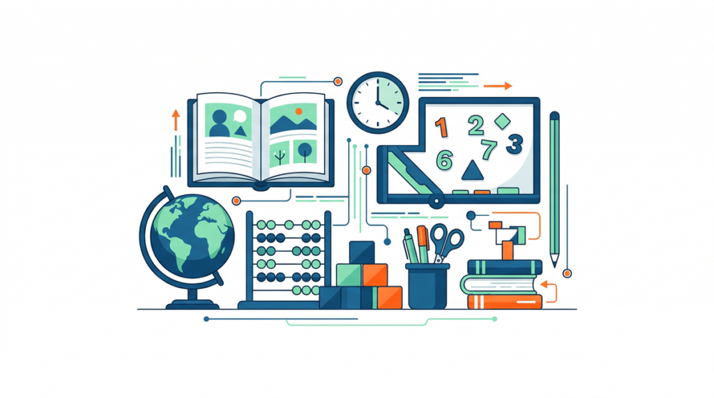 Ilustración de materiales esenciales para docentes, incluyendo cuadernos, lápices, marcadores y recursos educativos organizados sobre una mesa.