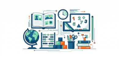 Illustration of essential materials for teachers, including notebooks, pencils, markers, and educational resources organized on a table.