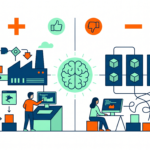 Illustration with educational and technological icons representing the use of educational templates and their advantages and disadvantages.