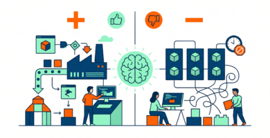 Ilustración con iconos educativos y tecnológicos que representan el uso de plantillas educativas y sus ventajas y desventajas.