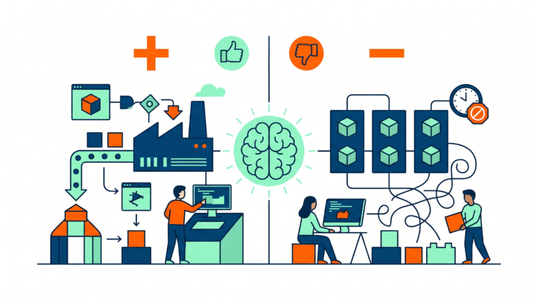 Illustration with educational and technological icons representing the use of educational templates and their advantages and disadvantages.
