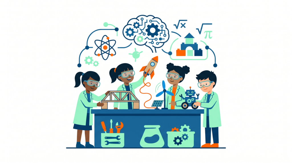 Ilustración de estudiantes realizando proyectos STEM con materiales simples en un aula de primaria