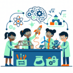 Ilustración de estudiantes realizando proyectos STEM con materiales simples en un aula de primaria