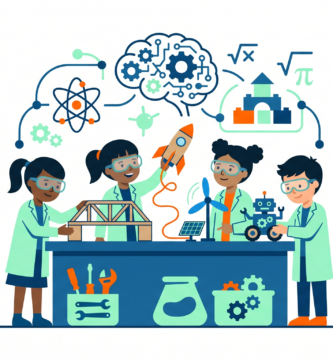 Ilustración de estudiantes realizando proyectos STEM con materiales simples en un aula de primaria
