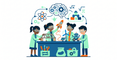 Ilustración de estudiantes realizando proyectos STEM con materiales simples en un aula de primaria