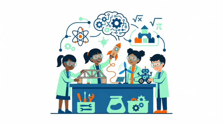 Ilustración de estudiantes realizando proyectos STEM con materiales simples en un aula de primaria