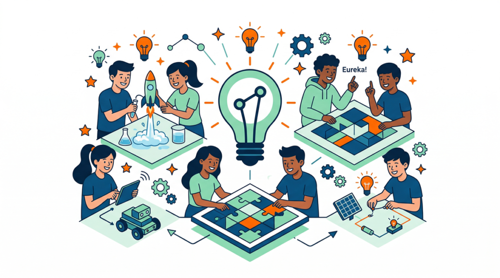 Ilustración del aprendizaje activo, mostrando estudiantes participando en actividades prácticas y colaborativas dentro del aula