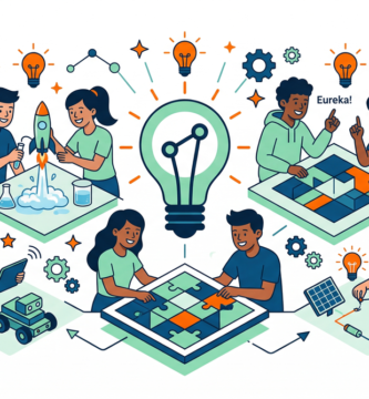 Ilustración del aprendizaje activo, mostrando estudiantes participando en actividades prácticas y colaborativas dentro del aula