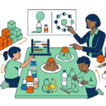 Illustration of science experiments conducted with homemade materials, showing jars, liquids, and everyday items used in educational activities.