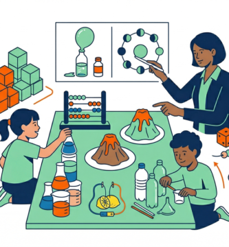 Illustration of science experiments conducted with homemade materials, showing jars, liquids, and everyday items used in educational activities.